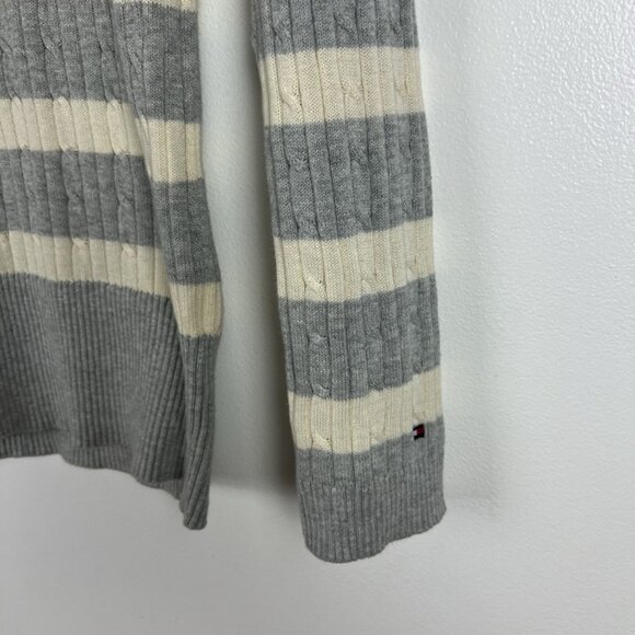 TOMMY HILFIGER Striped V-Neck Cable Knit Cotton Sweater sz M Y2k Preppy Tennis - Picture 3 of 9